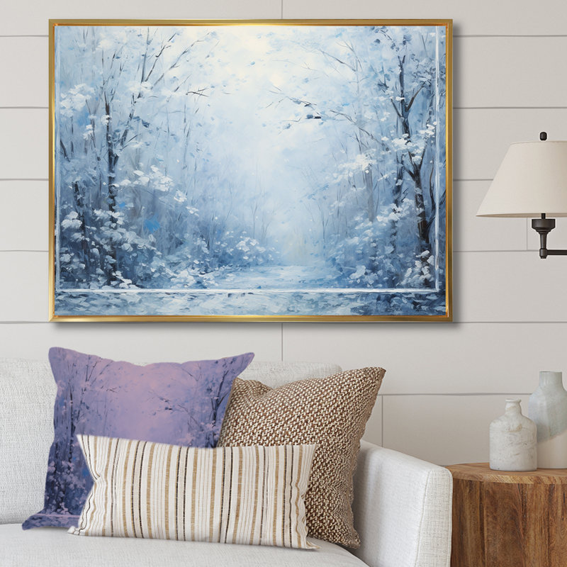 Paysage d'hiver «Snowfall forest I», art mural encadré paysage d'hiver, Cadre flottant doré, H 24 po x l 32 po x P 1 po
