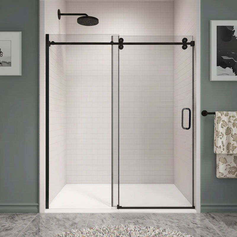 Modern 60" W X 76" H Single Sliding Frameless Shower Door With 3/8-in (10mm) Tempered Glass And Sgcc Certified, Matte Black