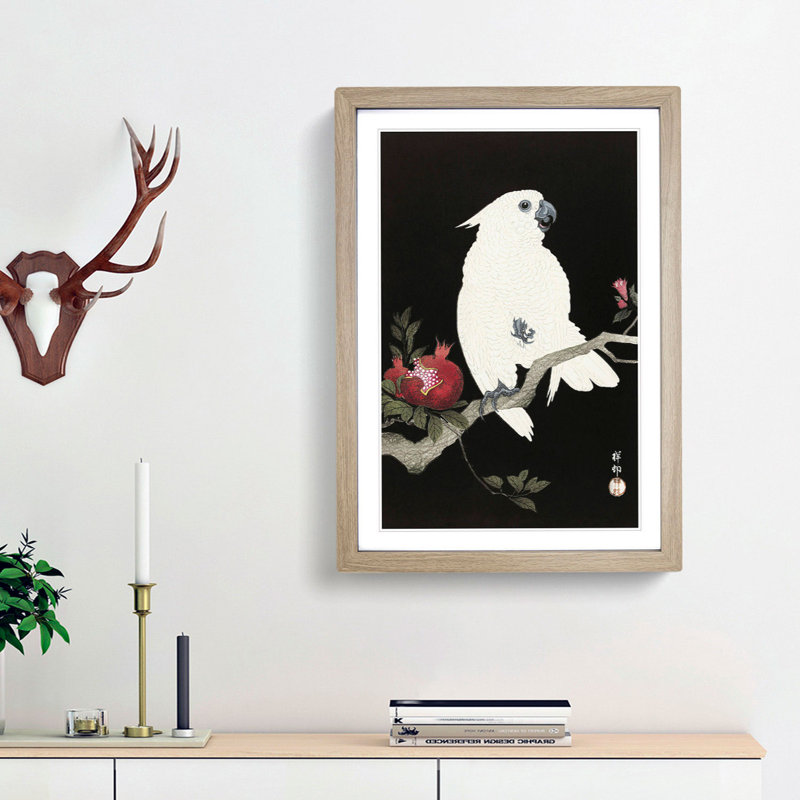 Cockatoo and Pomegranate by Ohara Koson - Picture Frame Painting Print, Oak Framed, 87cm H x 62cm W x 2cm D
