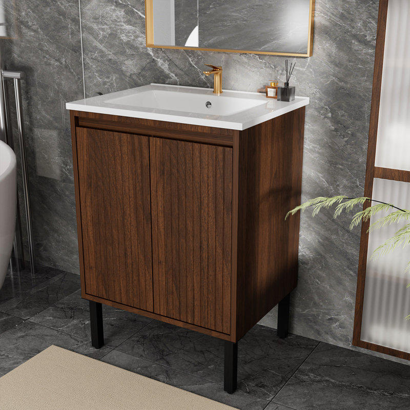 Meuble-lavabo de 61 cm (24 po) avec lavabo blanc, conception 2 en 1 (sur pied ou murale), portes à fermeture douce, élégant fini chêne, grands tiroirs de rangement, construction en panneaux multicouches pour une durabilité accrue.