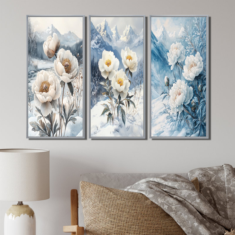 Neige pivoines dans le paysage hivernal I - Collection d'art mural grand pivoines, H 28 po x l 36 po, Argent argent