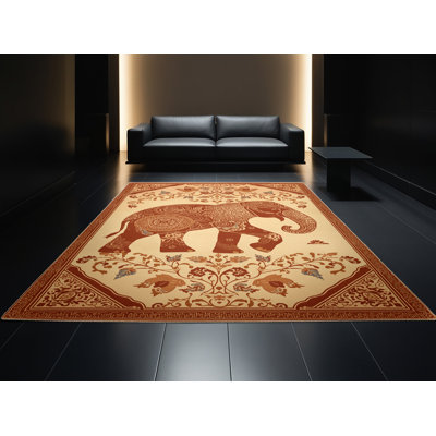 Tapis oriental brun classique lavable à la machine Oryn Elephant