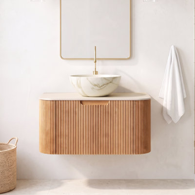 Meuble-lavabo de comptoir mural en pierre frittée beige 30 po avec lavabo bol en céramique blanc, tiroirs, sans robinet, pré-assemblé, bois naturel