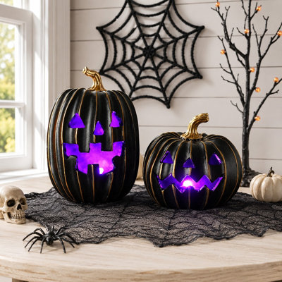 2Pcs Small Black Jack-O'-Lantern Resin Pumpkins with Gold Lines and Purple LED Light; Battery-Operated Light-Up Decor for Spooky Indoor Halloween Table Displays
