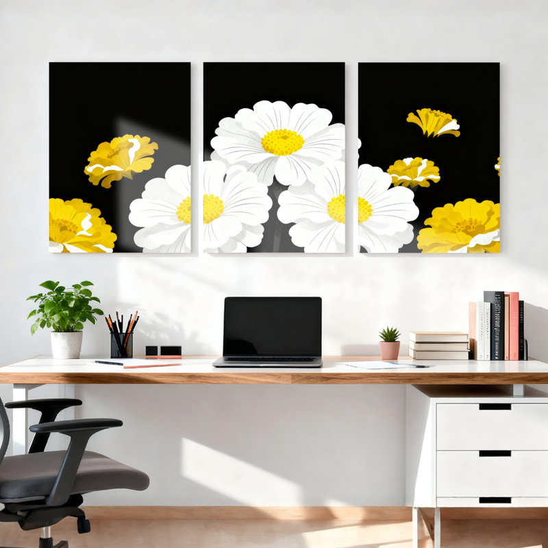 Marguerite blanche et fleur jaune sur toile tendue, impression florale moderne (ensemble de 3), H 24 po x l 48 po