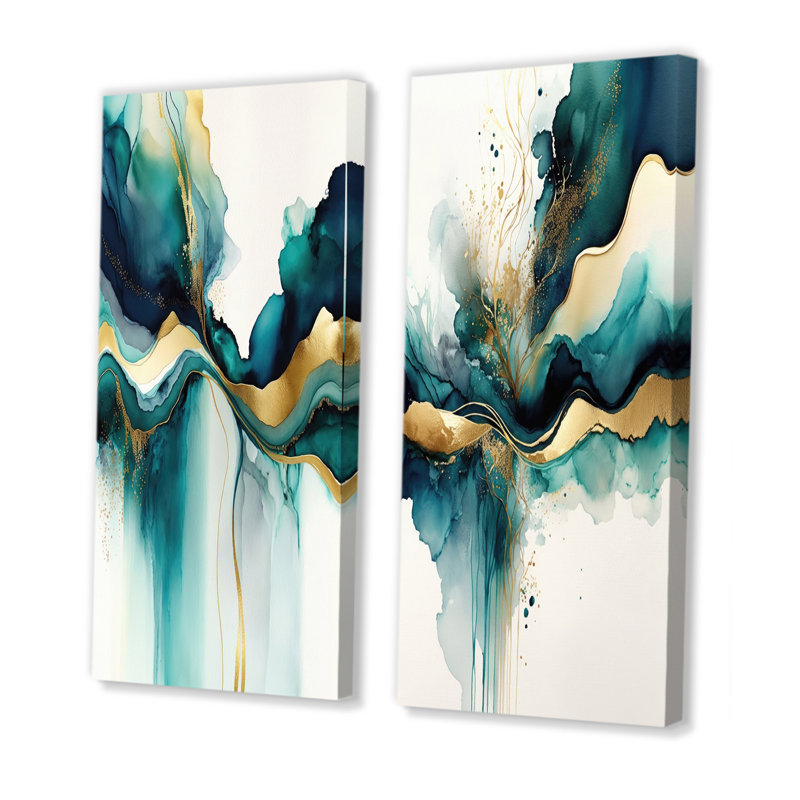 «Teal and Gold Abstract Expression I», 2 pièces sur toile, H 32 po x l 32 po, Toile tendue