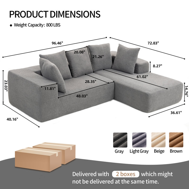 96.46" Wide L-shaped Sectional Sofa, Zero Assembly Required Cloud Teddy Fleece Sofa, Dark Gray
