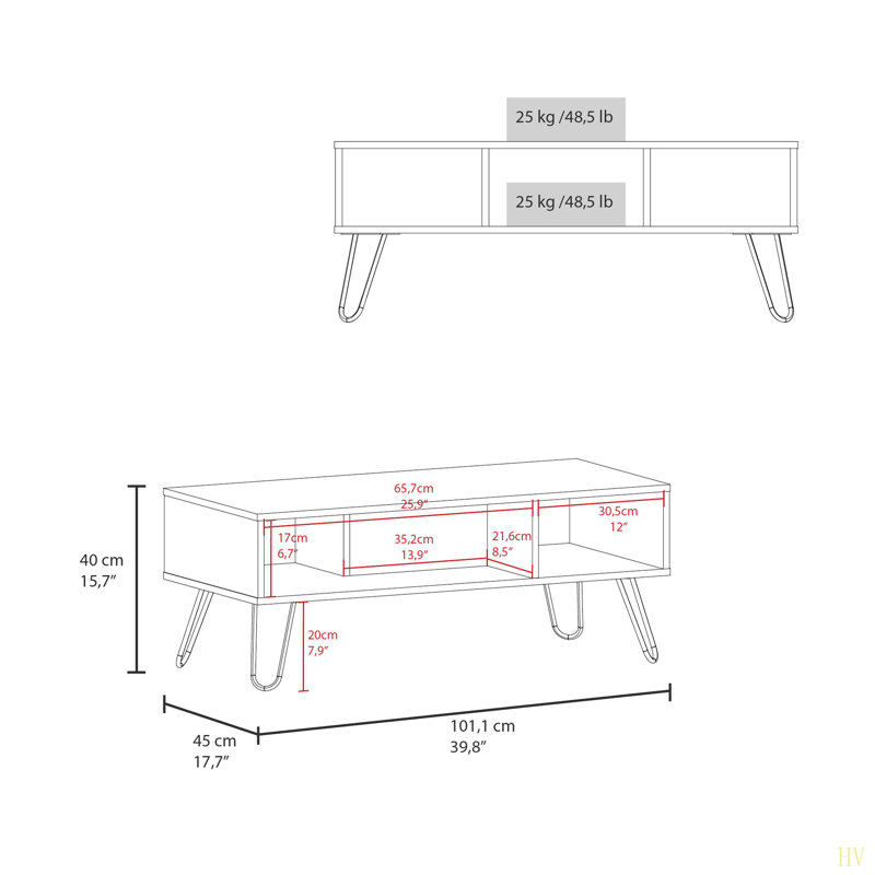 Table basse H 15,7 po avec 4 pieds et 2 tablettes