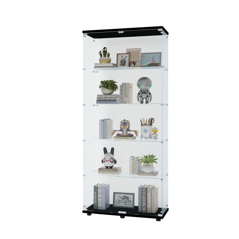 74" Tempered Glass Curio Cabinet 5-Tier China Cabinet Display Rack with Lockable Doors, Black