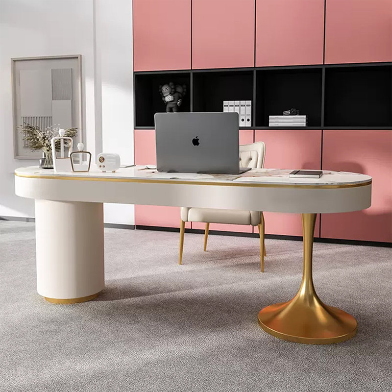 Bureau 70,87 po blanc crème + fritté ovale doré + bois manufacturé + acier au carbone avec bureau à 6 tiroirs