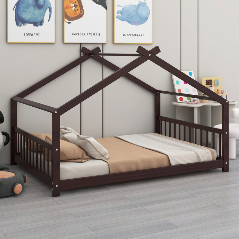 Solid Wood Low House Bed, Espresso, Full / Double