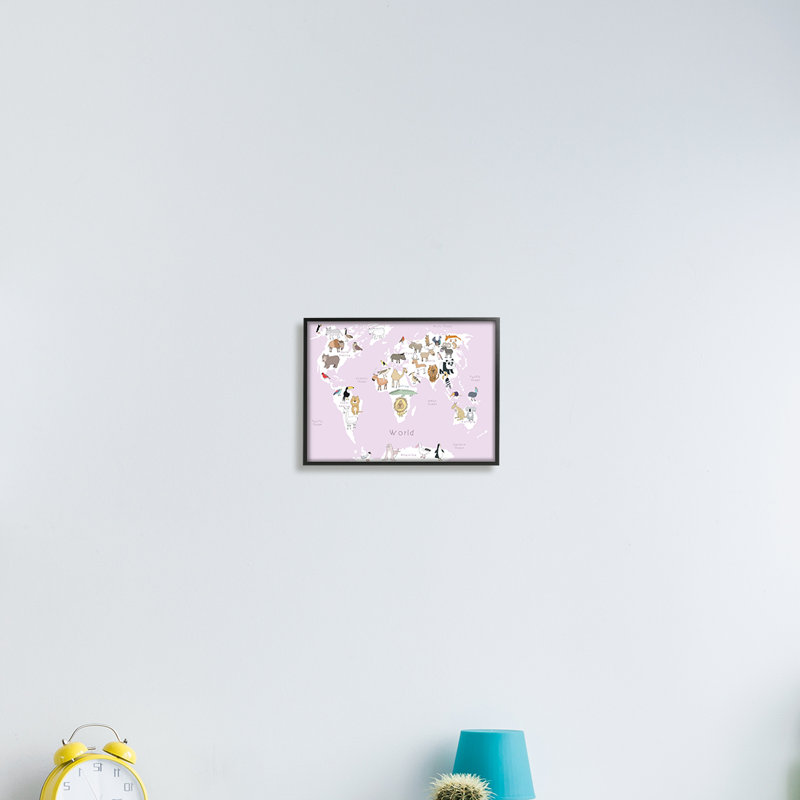 Carte du monde avec des enfants, rose clair - impression, H 11 po x l 14 po, Giclée encadrée noir minuit