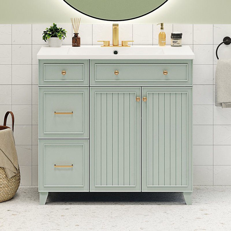 Meuble-lavabo de style transitionnel avec lavabo en résine, meuble-lavabo simple avec 2 tiroirs, Vert