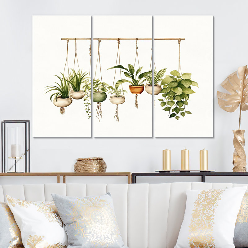 Botanical Canvas Wall Art, Boho Houseplant Decor - Hanging Houseplants Boho Botanical Watercolor, 32" H x 48" W x 1" D