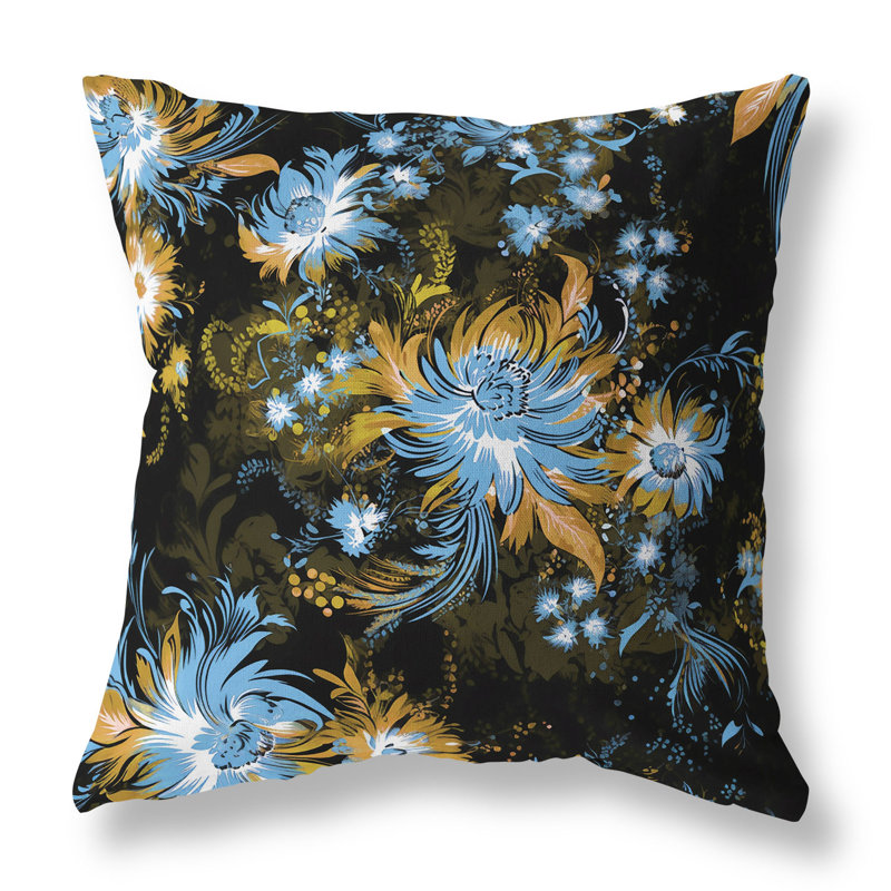 Coussin décoratif floral Delightful Wildflowers, H 18 po x l 18 po, Bleu / noir / floral jaune