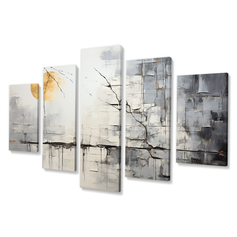 «Stone River» gris et blanc, ensemble d'art mural abstrait multipanel