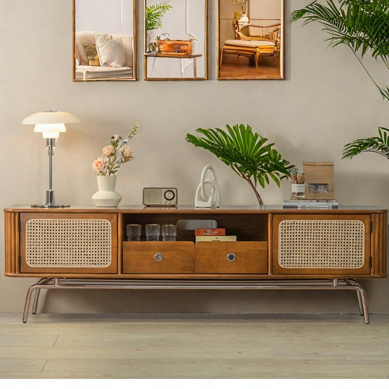 Meuble télé en rotin de style japonais, Brun, L 82,68 po