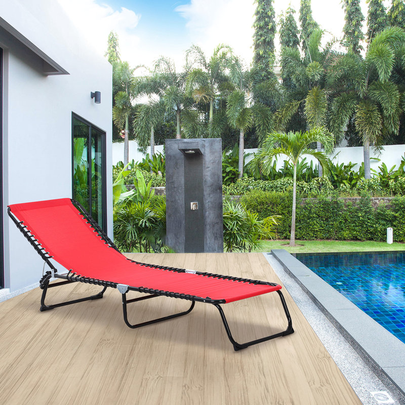 Folding Outdoor Chaise Lounge With Reclining Back, Pillow, Breathable Mesh And Bungee Seat For Beach, Yard And Patio Relaxation