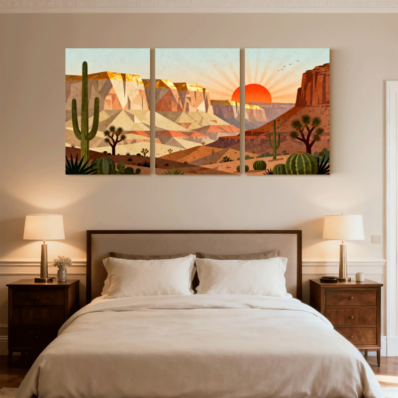 «Landscape & Nature Desert Landscape Sunset Cactus Mountains Reflections», ensemble de 3 reproductions d'art sur toile