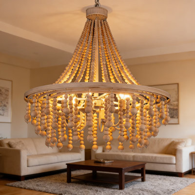 Boho Wood Bead Chandelier, 6-Light Farmhouse Pendant Light Fixture With Adjustable Chain For Dining Room, Living Room, Bedroom, Kitchen, Foyer And Entryway