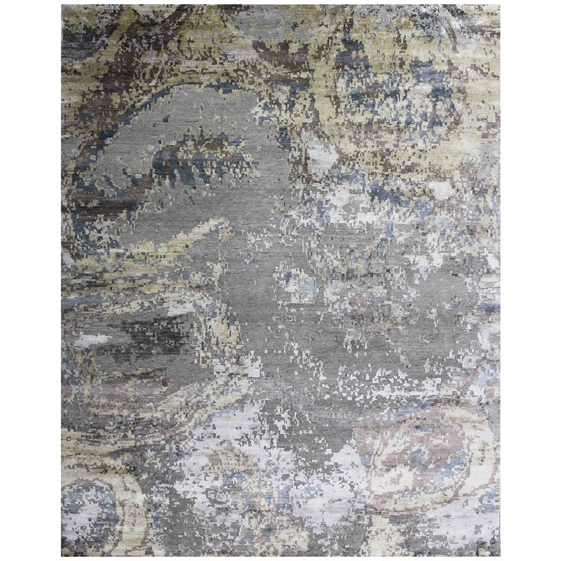 Hand Woven Silk and Wool Abstract Area Rug, Rectangle 2' x 3'