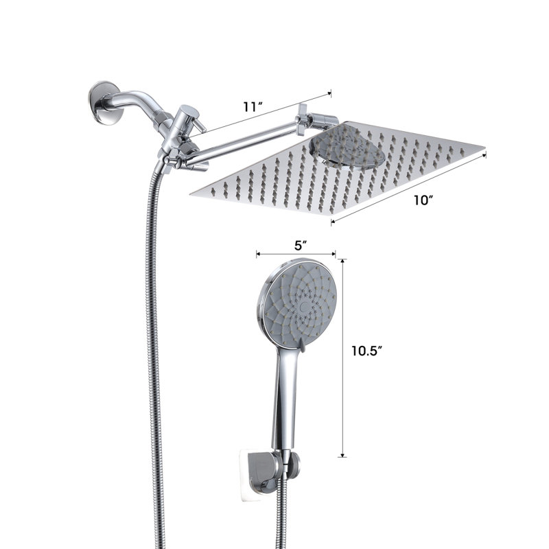 Pomme de douche, pomme de douche à pluie haute pression de 10 pouces / combiné de douche à main avec bras d'extension de 11 pouces, pomme de douche anti-fuite réglable à 6 réglages avec support / tuyau, hauteur / angle réglable
