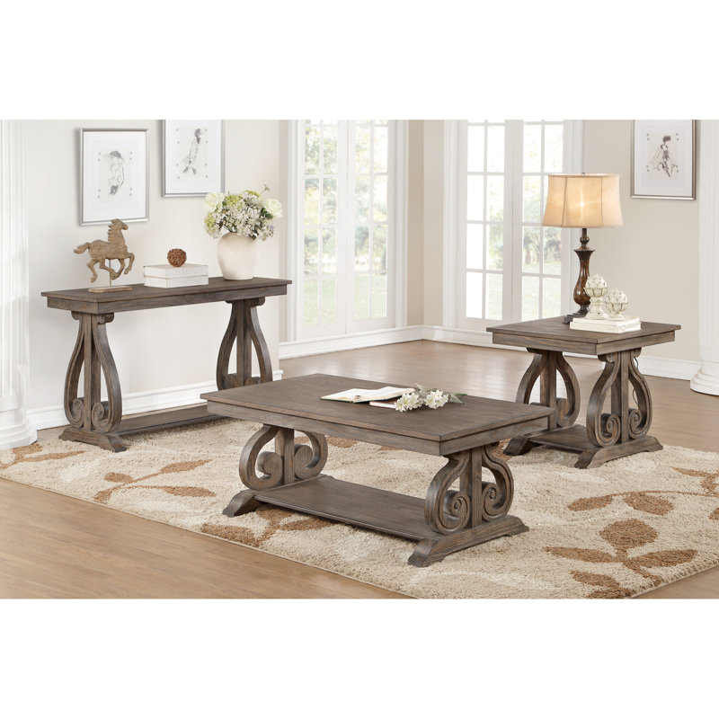 Table de bout en bois foncé au fini chêne foncé avec base à volutes et tablette classique