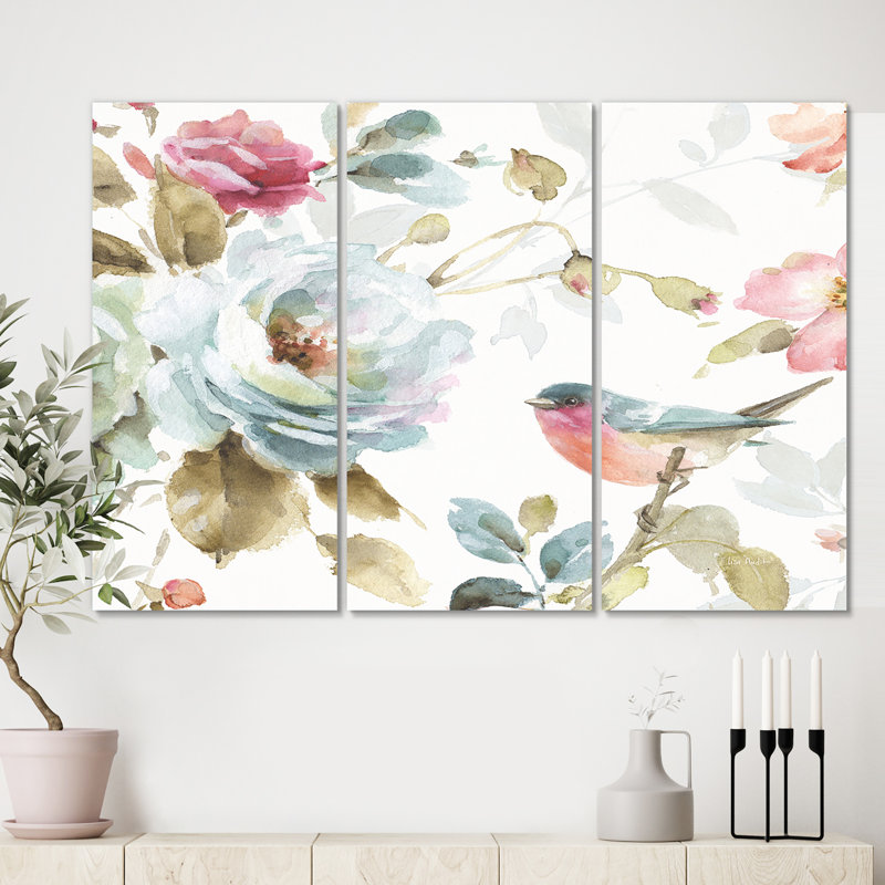 «Beautiful Bird Romance I», peinture à multiples images sur toile, H 32 po x l 48 po x P 1 po