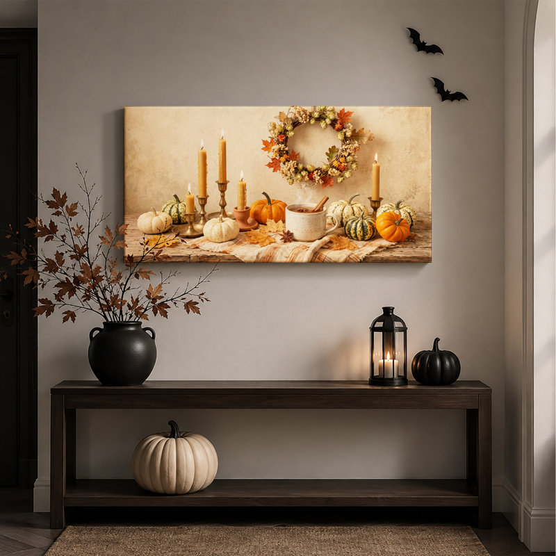 Citrouilles orange et blanches avec bougies allumées et toile murale d'Halloween