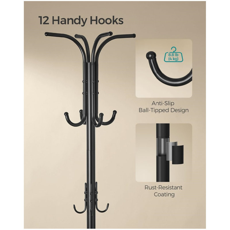 Coat Rack Freestanding, Coat Rack With Umbrella Holder With 12 Hooks, For Entryway, Hallway, Living Room, Bedroom, Ink