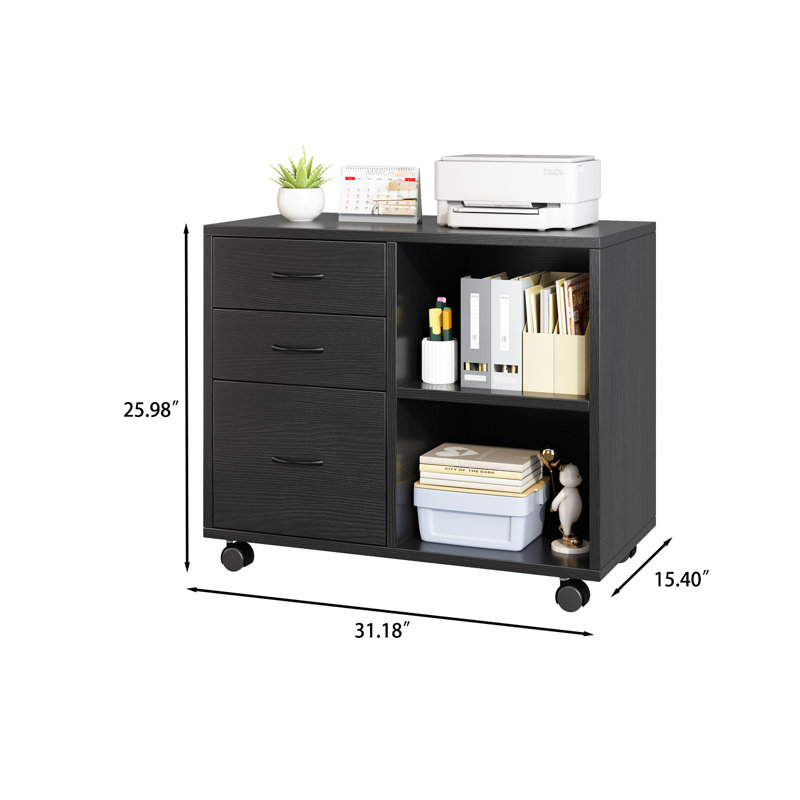 31.18''Wide 3-Drawer Rolling File Cabinet With Shelves, Black