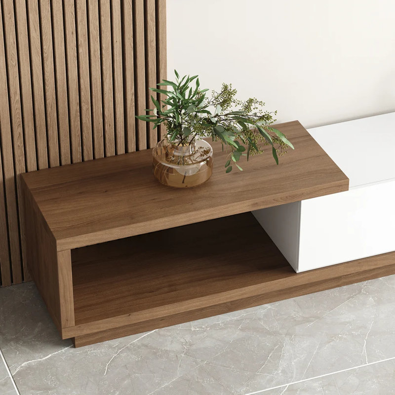 Tymeo 100.4'' W Modern TV Stand Retracted & Extendable 3-Drawer Media Console Walnut, White/Wood