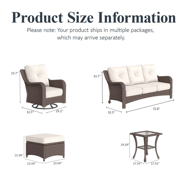  6 Piece Wicker Outdoor Furniture Set with 6-inch Comfy Cushions, High Back Patio Furniture Set with Swivel Rocking Chairs and Side Table
