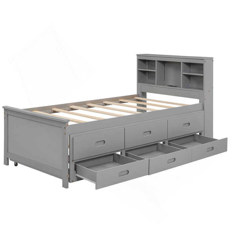 Lit plateforme avec tête de lit, USB, lit gigogne et 3 tiroirs, Gris