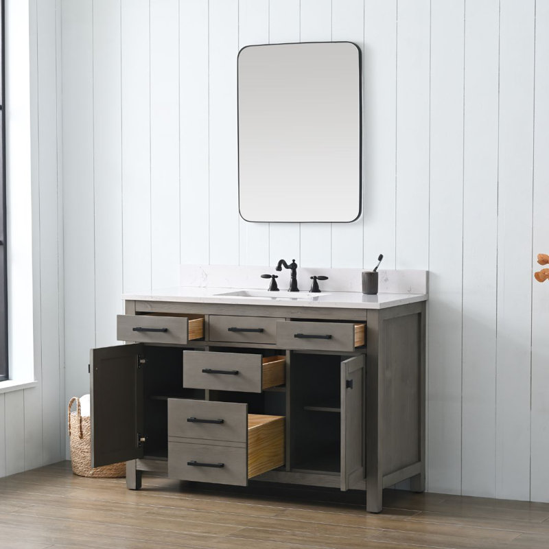 Meuble-lavabo simple 48 po Ajiya, Gris texturé / noir mat, Blanc de Carrare