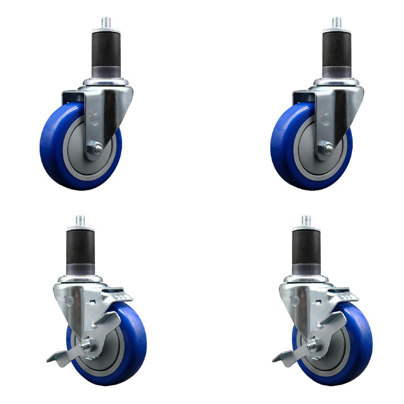 Ensemble de roulettes à tige extensible en polyuréthane pivotant de 4 po à 1 5/8 po 2 freins SCC, Bleu