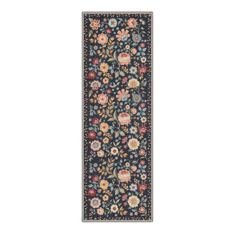 Vintage Floral Machine Washable Red / Green / Blue Indoor Area Rug with Non-Slip Backing, Runner 2' x 6'
