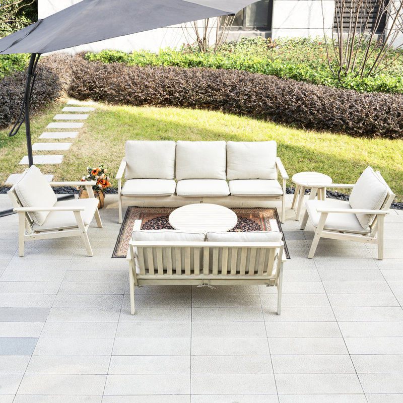 Acacia Wood Conversation Set With Cushions & Free Combination, 6 Pcs: 2 Table, Loveseat, 3-Seate, 2 Chairs