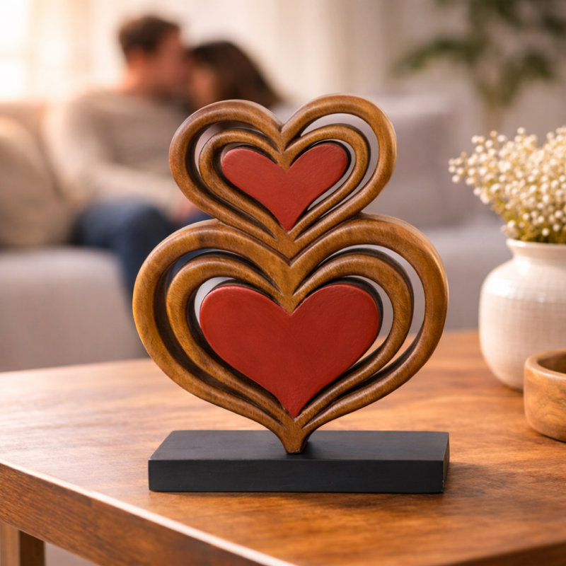 Deanette Twin Hearts Handmade Sculpture Warm Brown and Red Valentines Decor Acacia Wooden Art for Home Decor