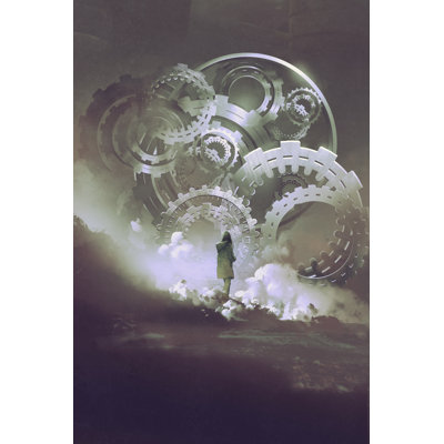 Woman Standing at Gears 1 Piece Wrapped Canvas Wall Art