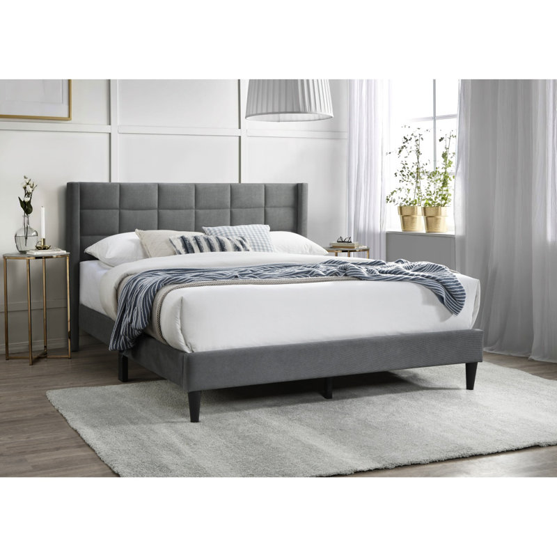 Linen Bed with Tufted Headboard, Gray, Queen