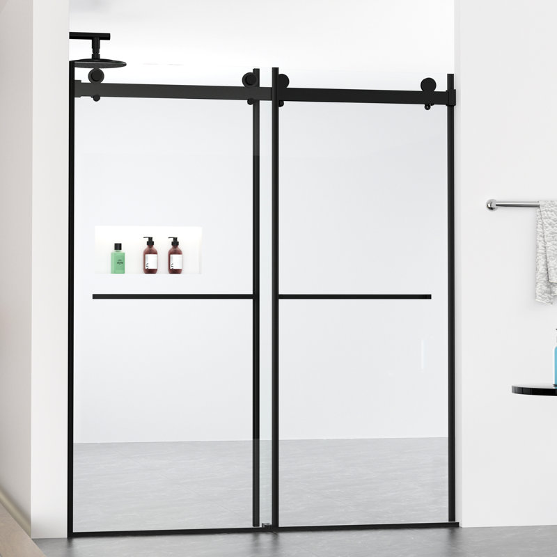 Double porte de douche coulissante, verre trempé transparent, couche latérale facile à nettoyer, nickel noir mat, tampon, fermeture douce, poignée, conception imperméable, traverse supérieure sécurisée pour la salle de bain,