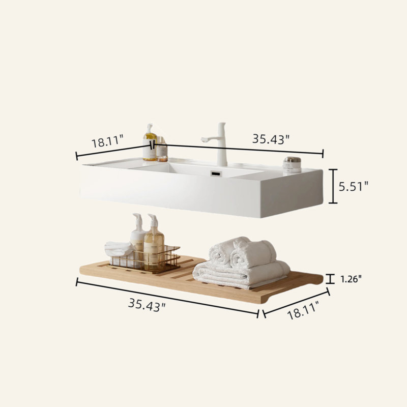 Meuble-lavabo de 36 po avec lavabo vasque, lavabo intégré mural flottant rectangulaire en acrylique blanc sans robinet, étagère rayée