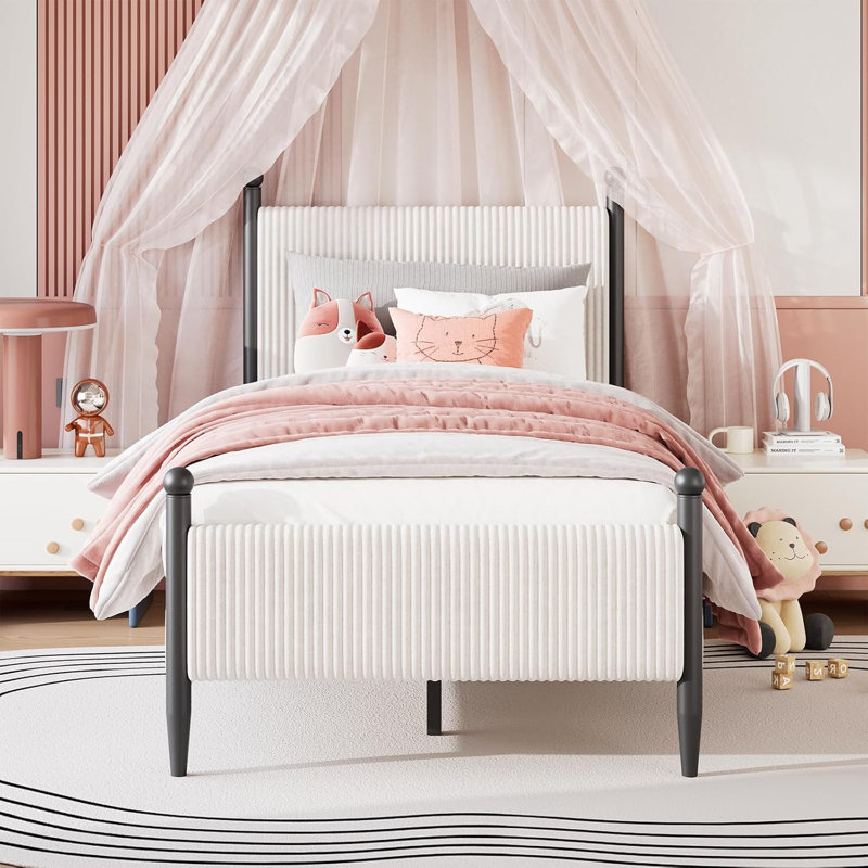 Structure de lit simple tapissier avec tête de lit en velours, plateforme en velours côtelé doux avec support en lattes de bois et pieds robustes, aucun sommier requis, silencieux, assemblage facile, blanc