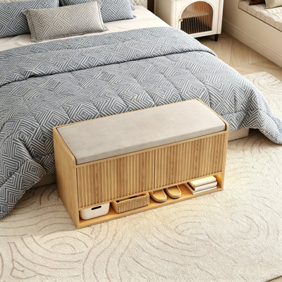 39.4 Inch Fluted Shoe Storage Bench With Linen Padded Seat, Adjustable Shelf & Built-In LED Induction Lamp, Multipurpose Hallway And Bedroom Bench, Natural Oak Tone