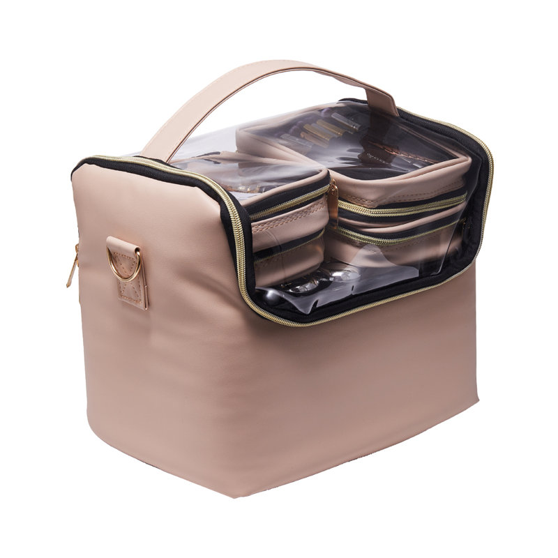 Portable Makeup Train Case with 4 Clear Bags and Adjustable Dividers