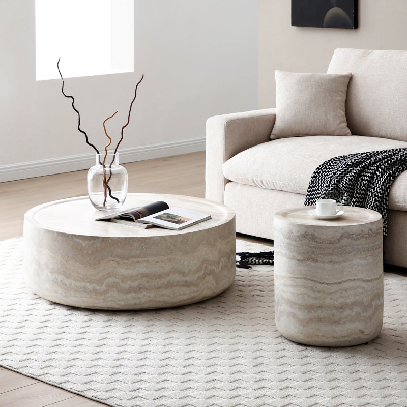 De 2 tables basses et tables d'appoint modernes en fausse texture, formes rondes en fibre de verre, sans assemblage, 2 grandes tables de rangement, pour la maison, ajout élégant