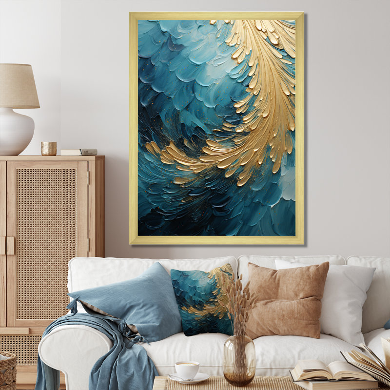 Gold Teal Ocean Spiral I - Abstract Spirals, reproduction sur toile encadrée, H 32 po x l 16 po x P 1 po, Cadre doré simple