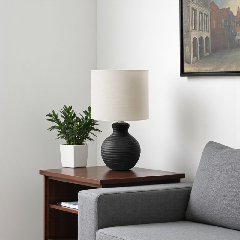 Benjamin Metal Table Lamp in Black Resin and Ivory Shade, 15.23'' H X 9.36'' W X 9.36'' D