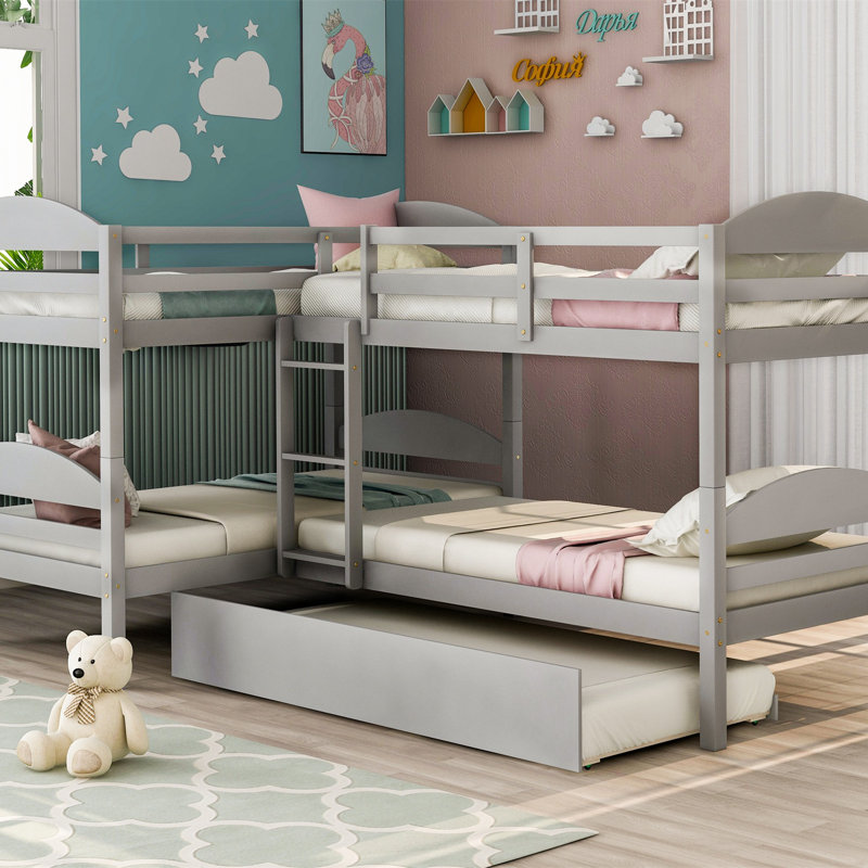 Lit simple en L avec lit gigogne, Gris